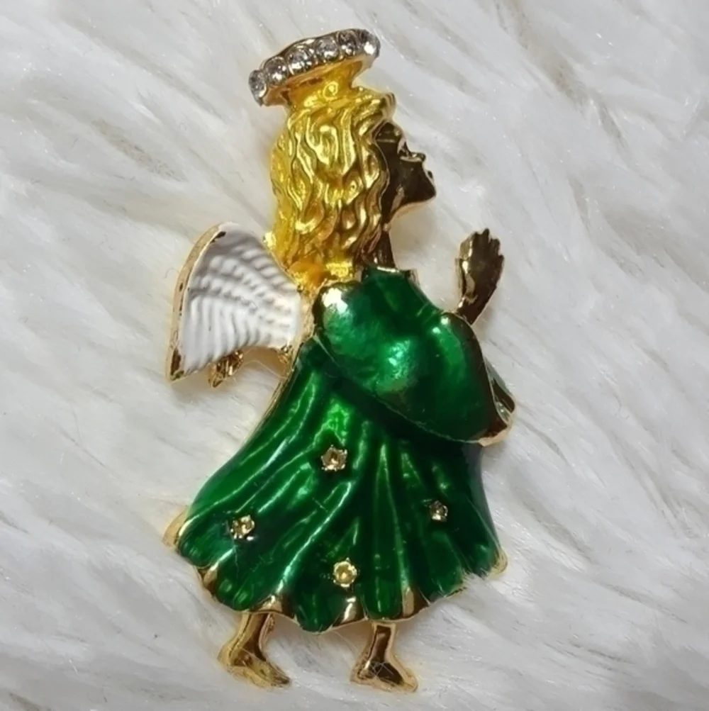 Jeweled Robe & Halo Winged Angel Brooch Pin